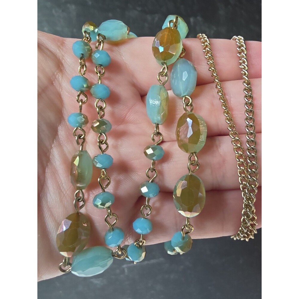 Blue And Gold Beaded Chain Necklace Vintage Costume Jewelry